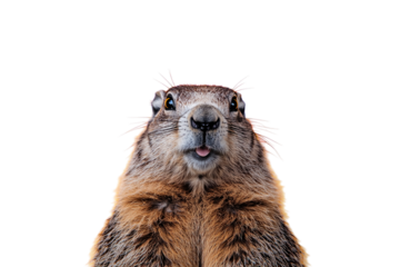 Groundhog standing upright with a surprised expression, yellow background. PNG transparent.