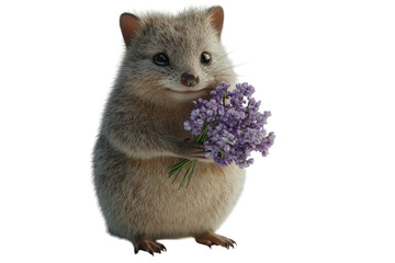 Obraz premium Quokka holding a bouquet of purple flowers, joyful expression, white background. PNG transparent.