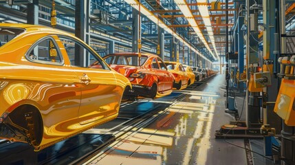 Cars on an Assembly Line in a Factory