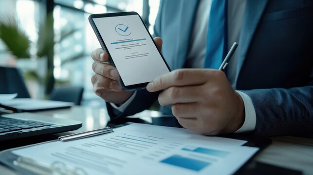 Businessman use smartphone control data correct sign, check mark document icon approve quality assurance, web guarantee concept. Online paperless doc agreement. Electronic form sorfware management