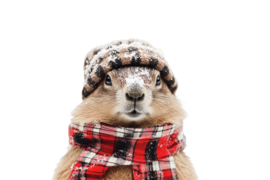 Groundhog in winter hat and scarf, snow falling, white background. PNG transparent.