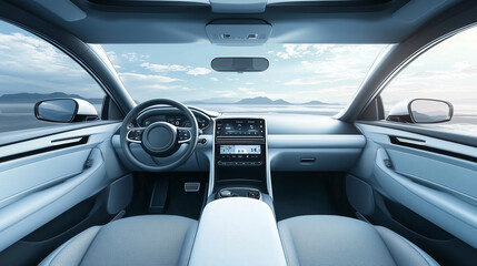 Modern Electric Car Interior with Futuristic Design and Panoramic Windshield Overlooking Scenic Landscape