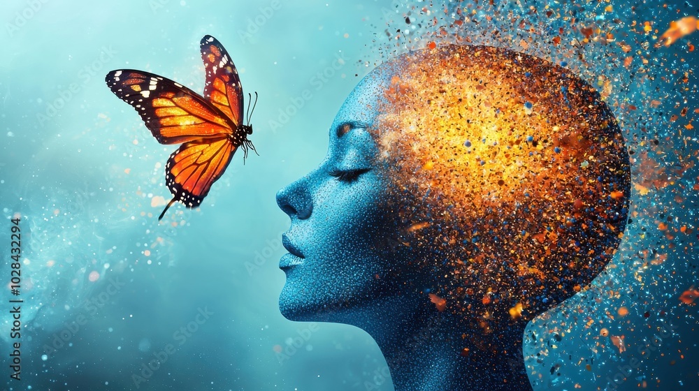 Poster metamorphosis of mind: a figure of a human head that starts as a rigid block but gradually transform