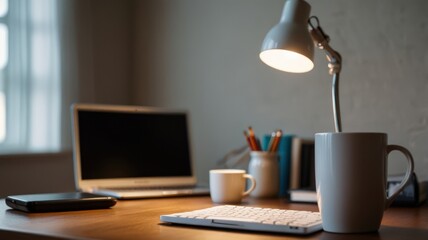 A clean, minimalist desk with a laptop, keyboard, two mugs, a lamp, and a pencil holder.