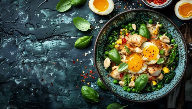 Savory pad thai noodles stir fried with tender chicken and eggs for a delicious meal experience