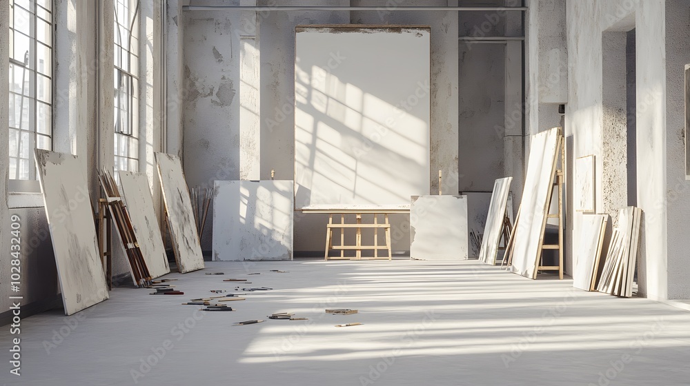 Poster 91. an empty art studio with scattered brushes and unpainted canvases