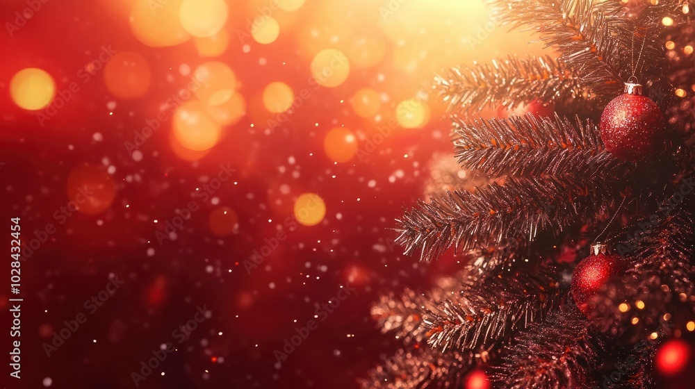 Poster christmas background with xmas tree and sparkle bokeh lights on red canvas background. merry christm