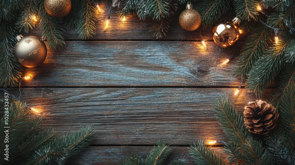 Poster christmas background with fir branches, decorations and string lights in the frame and an empty spac