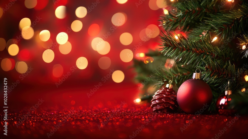 Poster christmas background with xmas tree and sparkle bokeh lights on red canvas background. merry christm