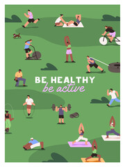 Design of motivation poster to be healthy with active lifestyle. Inspiration to do street workout, sports exercises outdoors. People training, do fitness in public park. Flat vector illustration