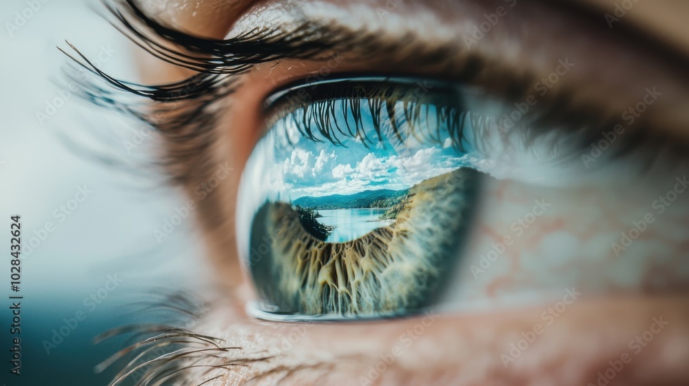 Poster mind, lens: a human eye with a lens-like structure in the center, where different scenes of the same