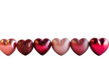 Red and pink heart-shaped objects on a flat surface, white background. PNG transparent.