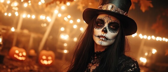 A woman adorned in a top hat and intricate face paint celebrates Day of the Dead amidst glowing pumpkins and colorful decorations, creating a vibrant autumn atmosphere