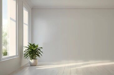 An empty room with natural light, featuring a wooden floor, white walls, and a single potted plant