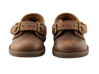 Pair of small brown leather baby shoes with buckle straps, offering a soft and cozy feel, isolated on white background PNG transparent.