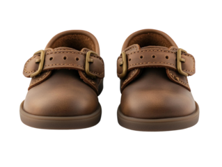 Pair of small brown leather baby shoes with buckle straps, offering a soft and cozy feel, isolated on white background PNG transparent.