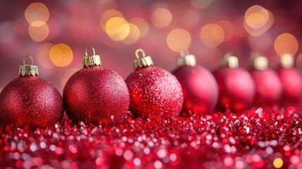 Fototapeta premium A festive arrangement of glittery red Christmas ornaments lined up on shimmering tinsel, with a soft bokeh background of holiday lights.