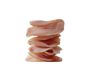 Delicate slices of pink ham, arranged in a neat pile, showcasing the smooth texture of the meat, isolated on white background PNG transparent.