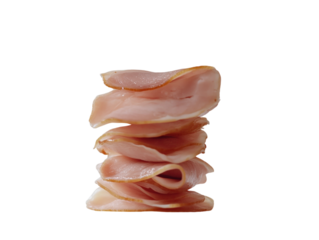 Delicate slices of pink ham, arranged in a neat pile, showcasing the smooth texture of the meat, isolated on white background PNG transparent.