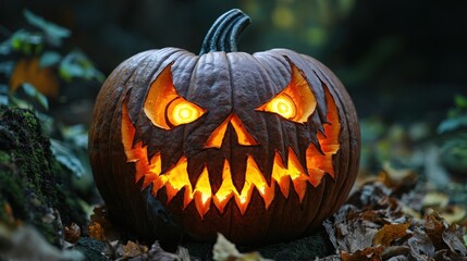 Spooky Glowing Halloween pumpkin with a menacing face and glowing orange light, set against a moody, natural background of fallen leaves.