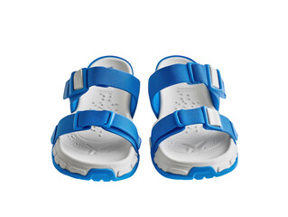 Children's blue and white sandals with velcro straps, designed for comfort and casual use, isolated on white background PNG transparent.
