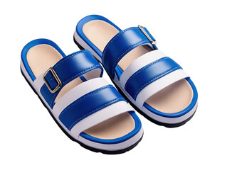 Children's blue and white sandals with velcro straps, designed for comfort and casual use, isolated on white background PNG transparent.