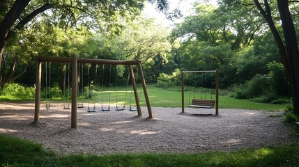 93. A deserted playground with swings swaying gently in the breeze