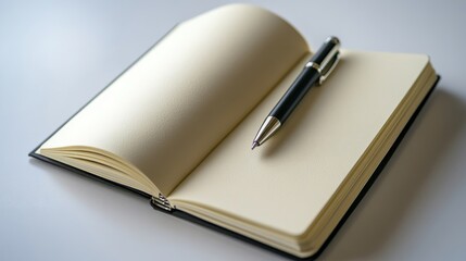An open notebook with blank cream-colored pages and a black pen resting on top, inviting creativity and writing, set against a minimal background.