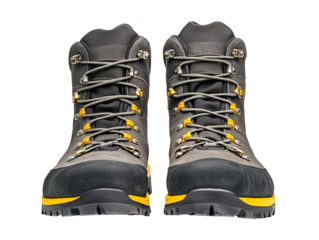 Grey and yellow hiking boots with rugged soles for outdoor adventures, isolated on white background PNG transparent.