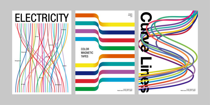 Template poster colorful lines set concept metro trip dynamic curve wavy line cover print flyer page color gradient graphic design collection abstract geometry stylish trendy modern urban style