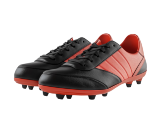 Black and red soccer shoes with studs, isolated on a white background PNG transparent.