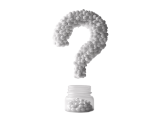 Pills and capsules arranged in the shape of a question mark coming out of a bottle, isolated on a white background.   PNG transparent.