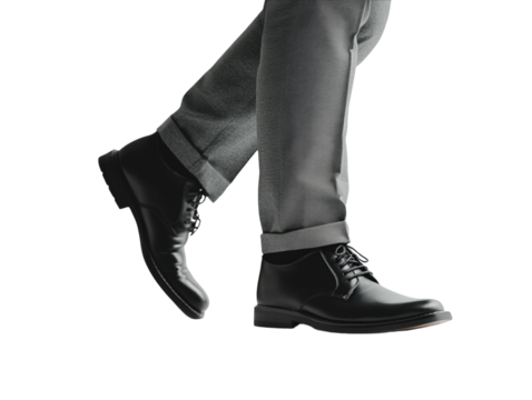 Man walking in black leather formal shoes with grey pants, isolated on white background PNG transparent.