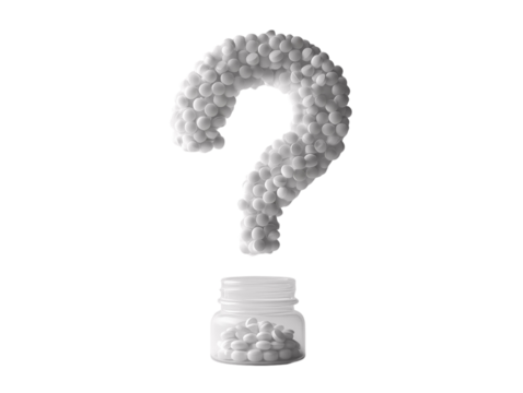 Pills and capsules arranged in the shape of a question mark coming out of a bottle, isolated on a white background.   PNG transparent.