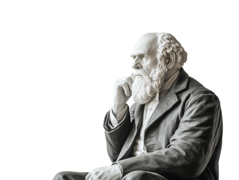 Statue of Charles Darwin seated with a contemplative expression, isolated on a white background.   PNG transparent.