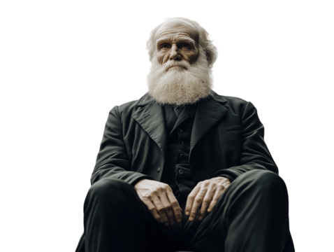 Statue of Charles Darwin seated with a contemplative expression, isolated on a white background.   PNG transparent.
