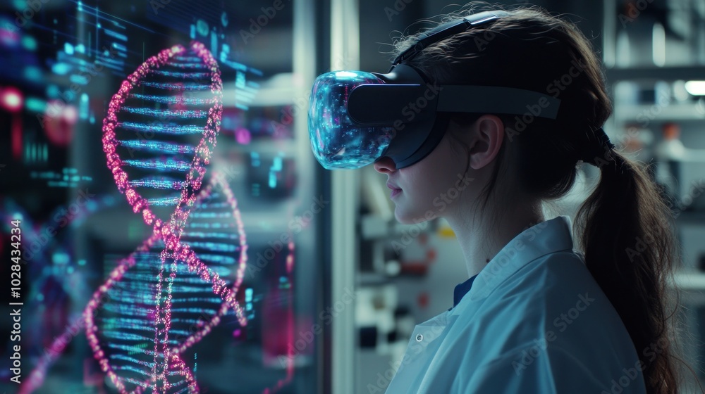Poster a scientist using vr to explore dna data in a lab setting.