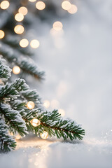 Christmas background with fir branches snow and lights