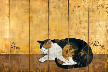 Fototapeta premium 猫の金箔の和風背景