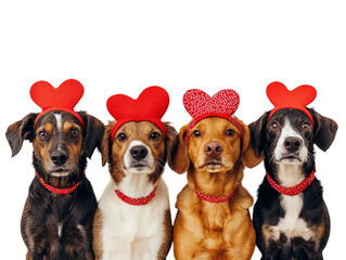 Group of five dogs wearing headbands with red hearts, white background.   PNG transparent.