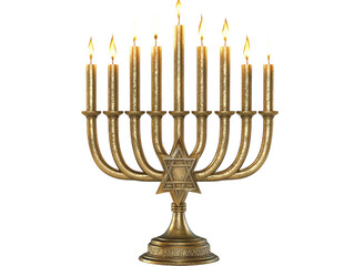 Fototapeta premium A golden menorah with lit candles, featuring the Star of David at the base, white background. PNG transparent.