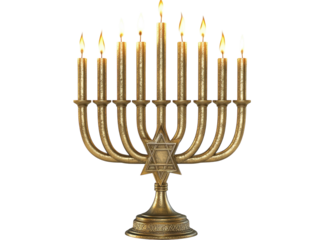 A golden menorah with lit candles, featuring the Star of David at the base, white background.   PNG transparent.