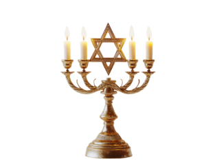 A golden menorah with lit candles, featuring the Star of David at the base, white background.   PNG transparent.