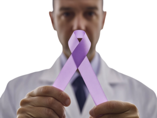 Healthcare professional holding a purple awareness ribbon, symbolizing support and awareness, white background. PNG transparent.