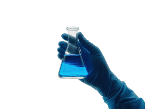 Gloved hand holding a laboratory flask containing blue liquid, symbolizing scientific research, white background.   PNG transparent.