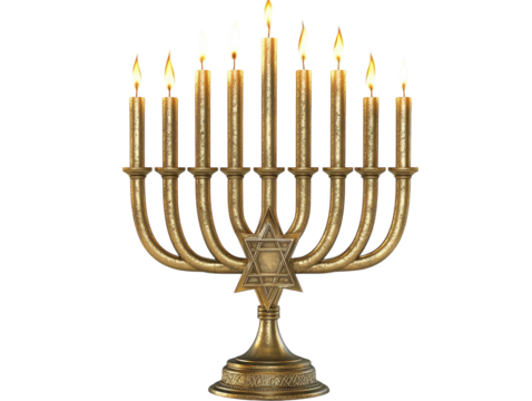 A golden menorah with lit candles, featuring the Star of David at the base, white background.   PNG transparent.