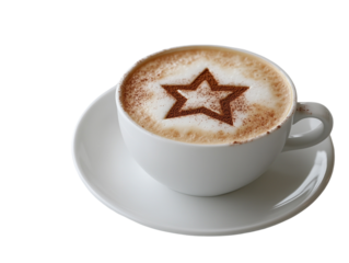 Cup of coffee with a Star of David design made with cinnamon on the foam.   PNG transparent.