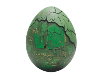 Egg with a crack revealing a green circuit board inside, symbolizing technology and nature, white background.   PNG transparent.