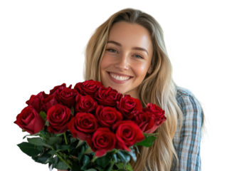 Man kissing a woman on the cheek while she holds a bouquet of red roses, romantic setting.   PNG transparent.