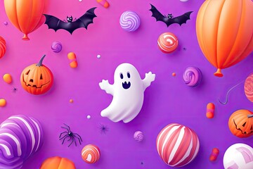 Halloween background vector. Halloween sale and promotion banner design with 3D Ghost and scary air balloons, bat, candy, spider. with generative ai